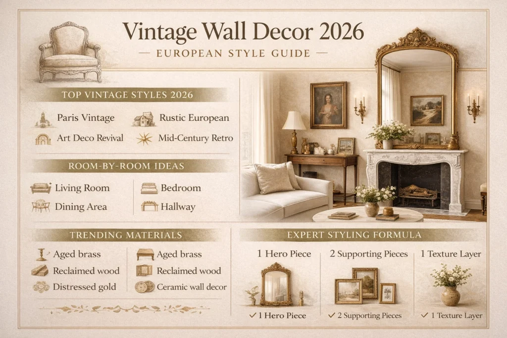 Vintage wall decor 2026 infographic showing European styles, materials, and room ideas
