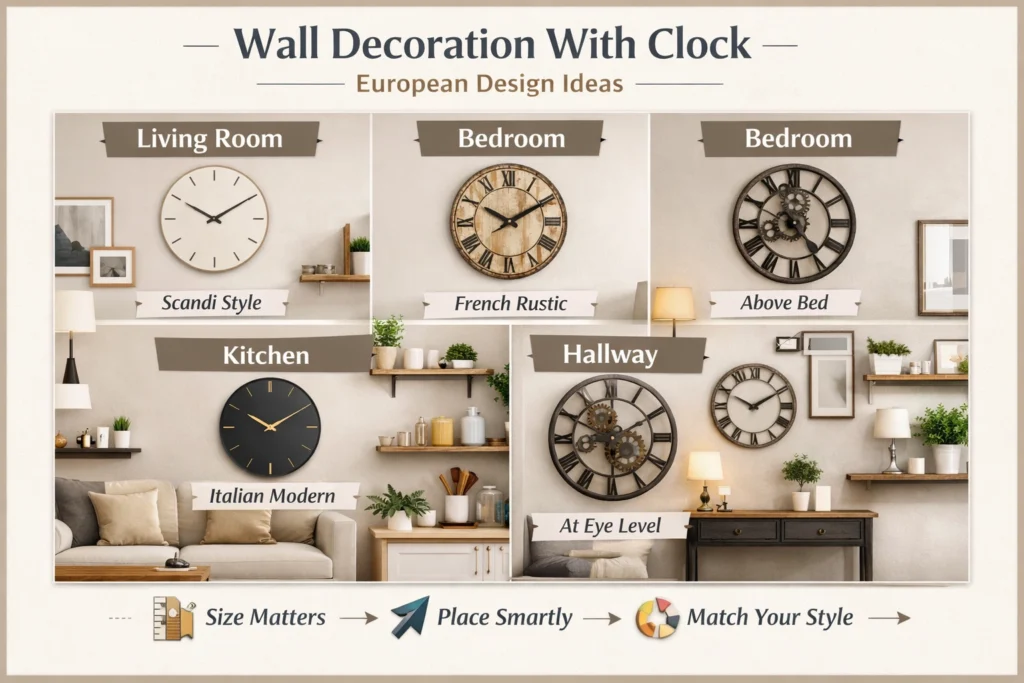 Wall decoration with clock infographic showing European design ideas, placement tips, and modern styling inspiration for living room, bedroom, kitchen, and hallway.
