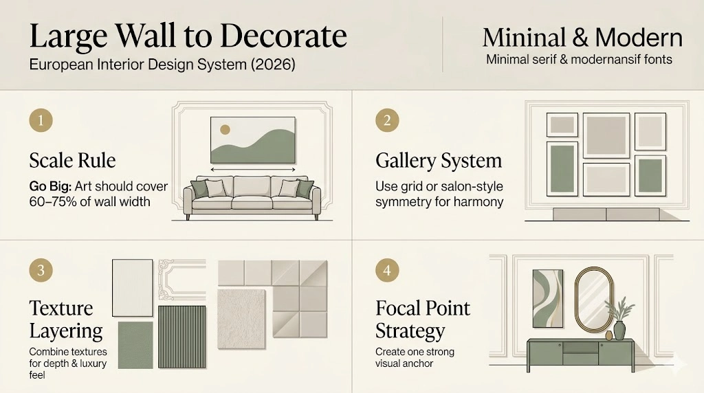 Large wall to decorate infographic showing European interior design tips including scale rule, gallery wall layout, texture layering, and focal point strategy