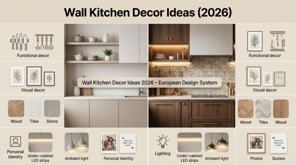 Wall kitchen decor ideas infographic showing 2026 European design system with small and luxury kitchen wall layouts, smart storage, lighting, and decor elements